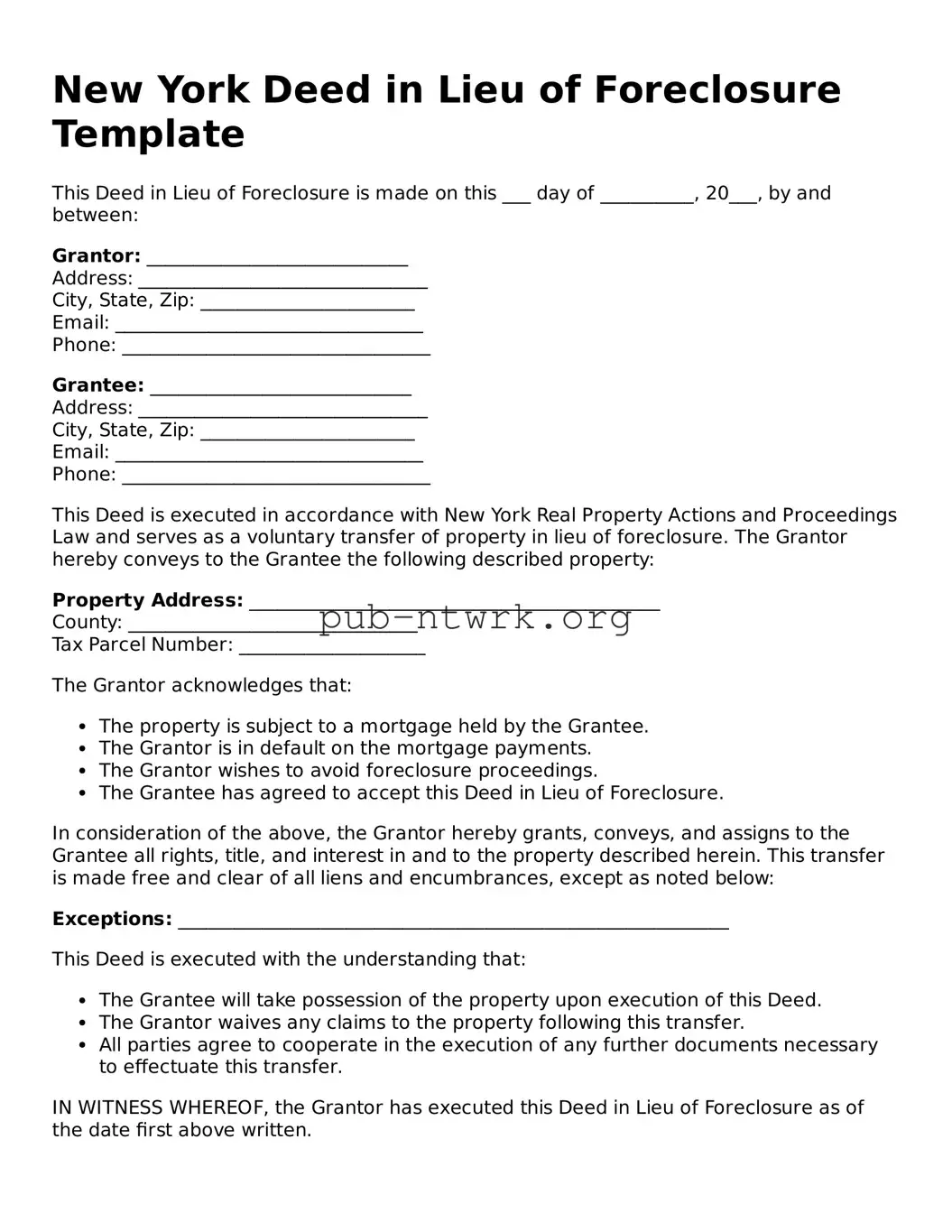 Free New York Deed in Lieu of Foreclosure Form