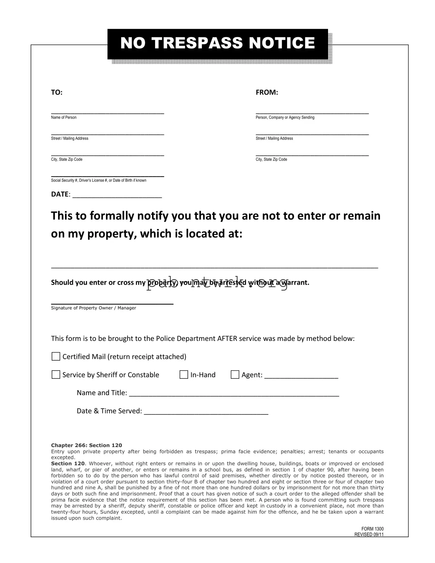 Blank No Trespassing Letter PDF Form