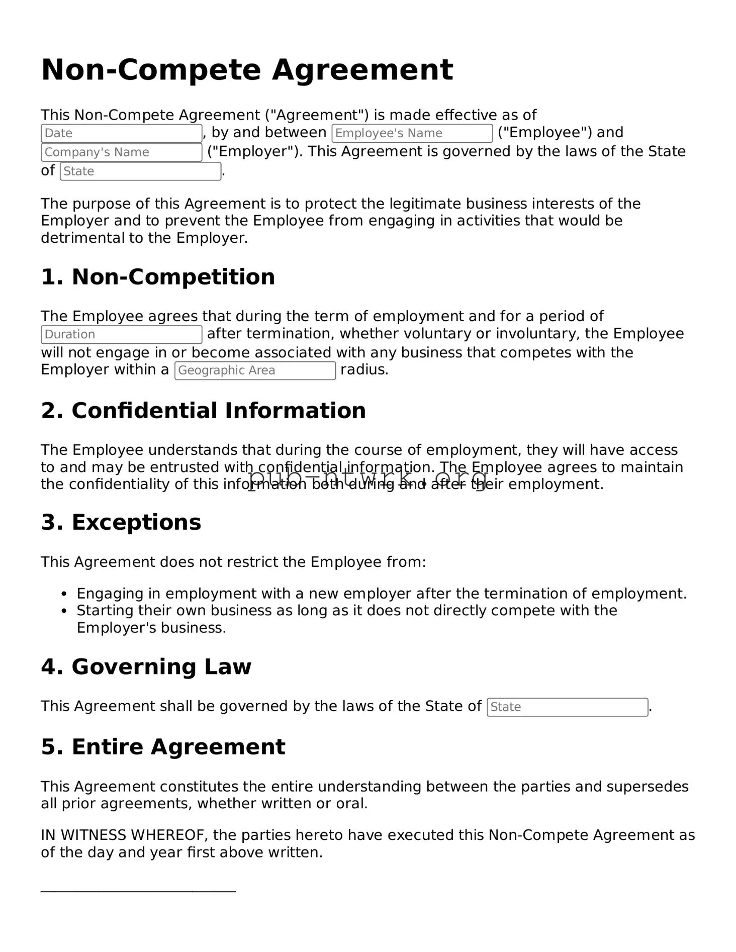 Legal Non-compete Agreement Form