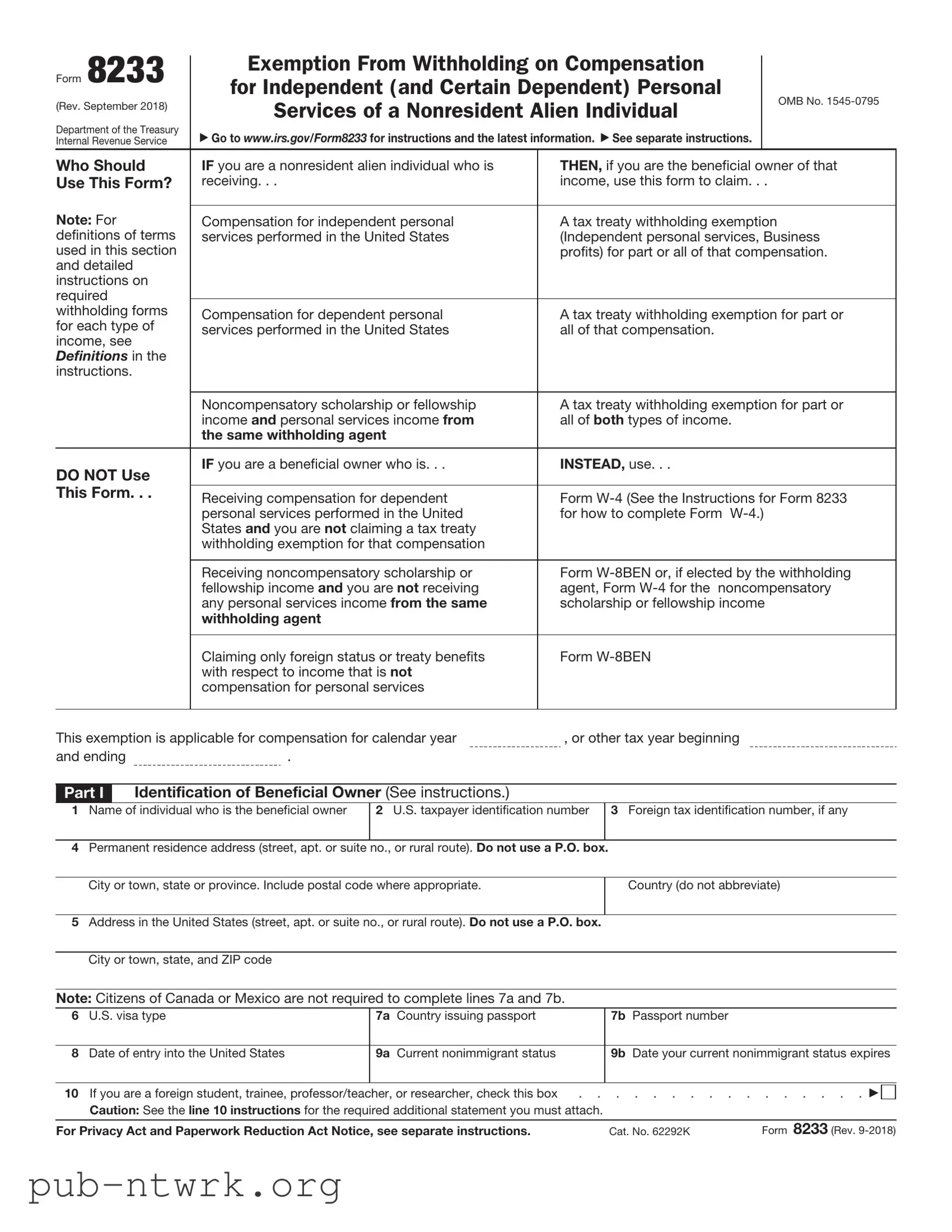 Blank IRS 8233 PDF Form