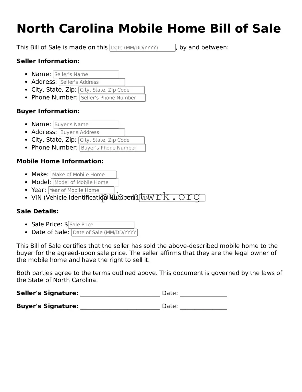 Free North Carolina Mobile Home Bill of Sale Form