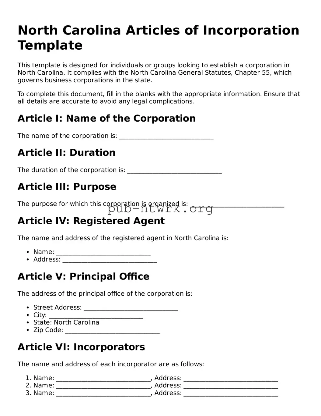 Free North Carolina Articles of Incorporation Form