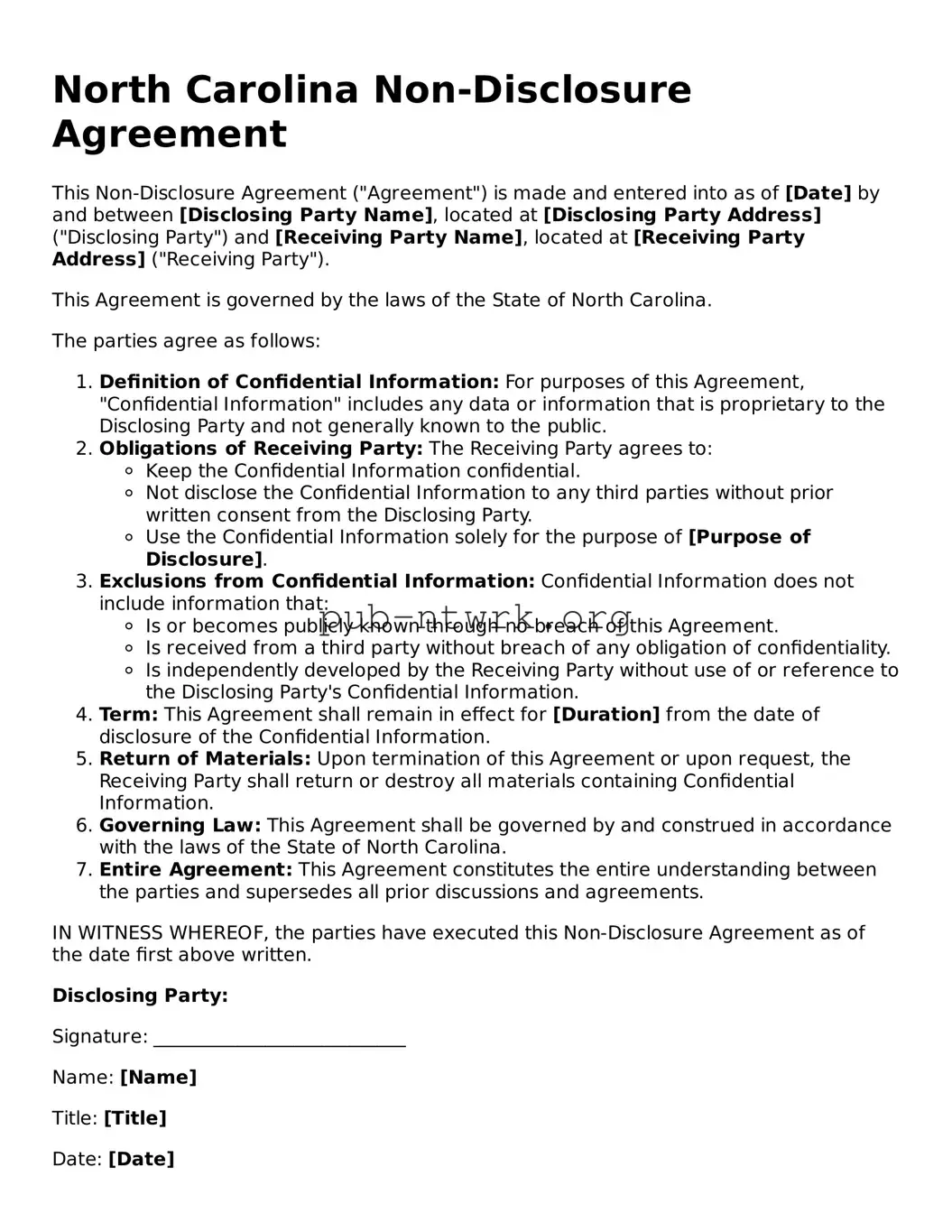 Free North Carolina Non-disclosure Agreement Form