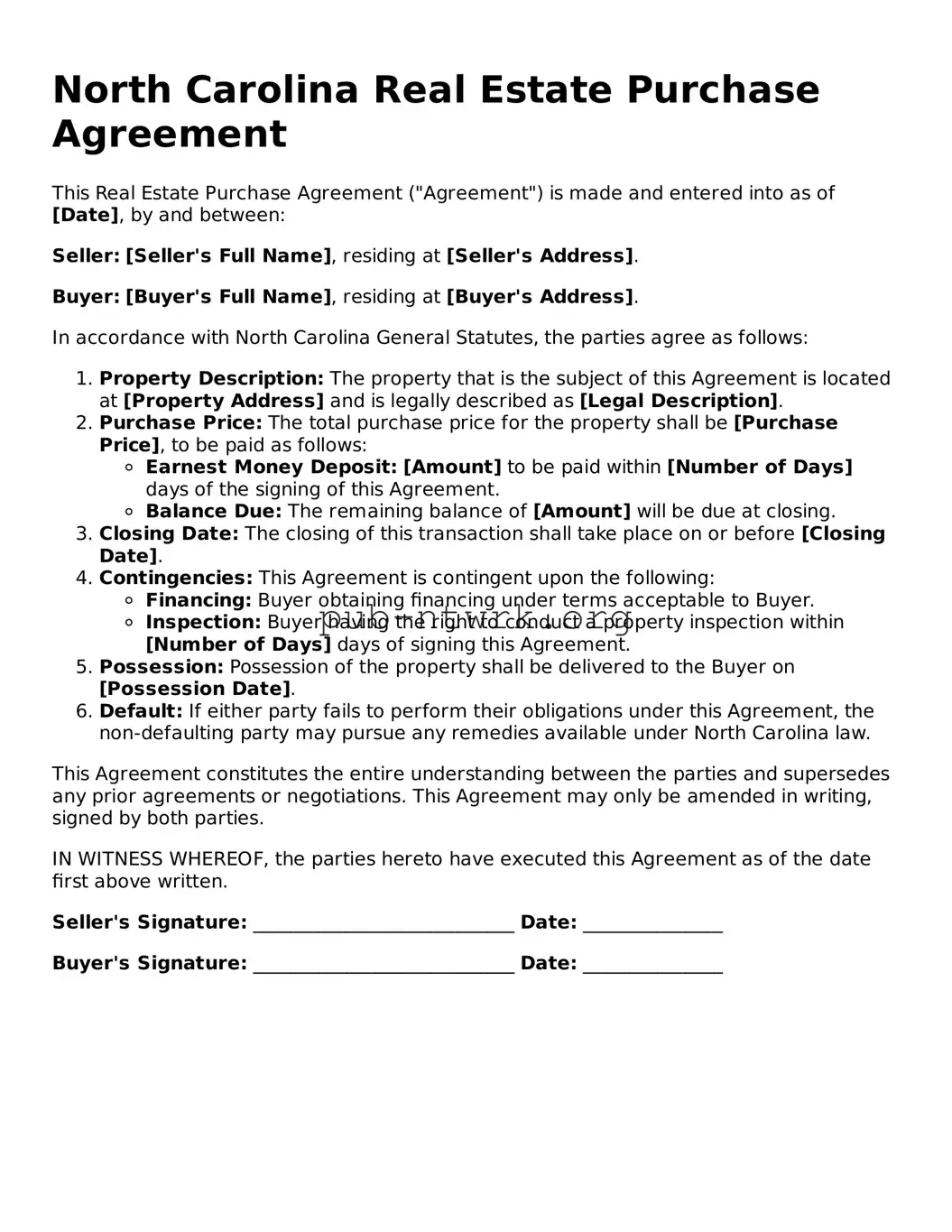 Free North Carolina Real Estate Purchase Agreement Form
