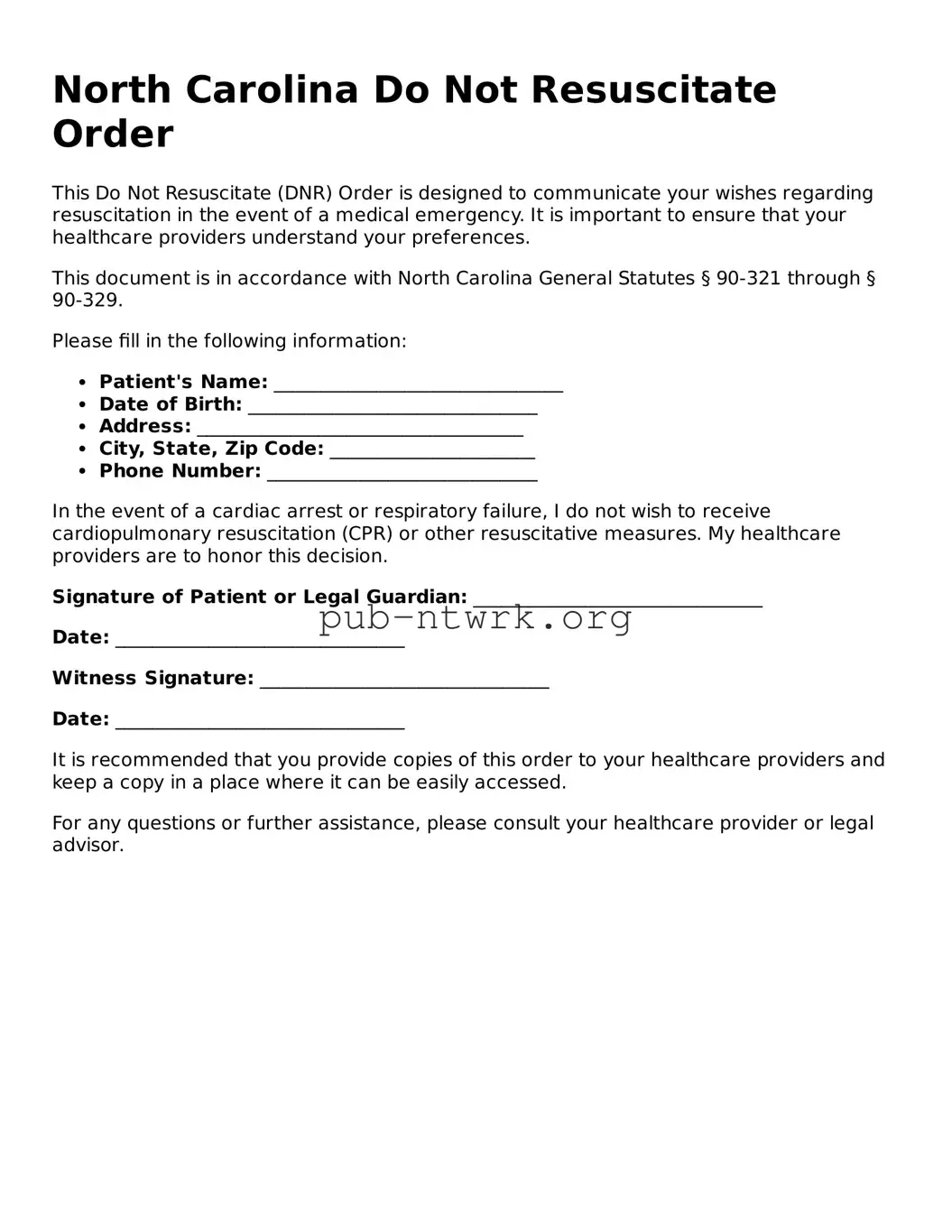 Free North Carolina Do Not Resuscitate Order Form