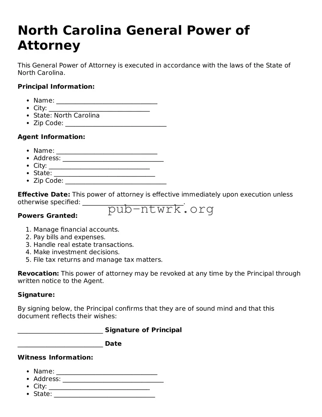 Free North Carolina General Power of Attorney Form
