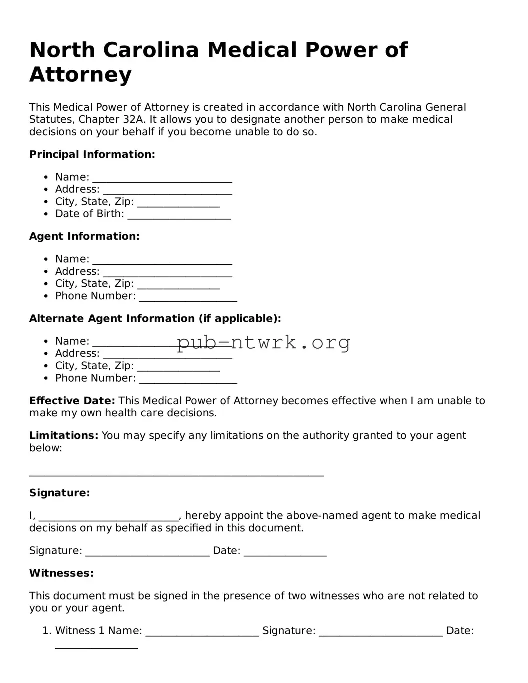 Free North Carolina Medical Power of Attorney Form