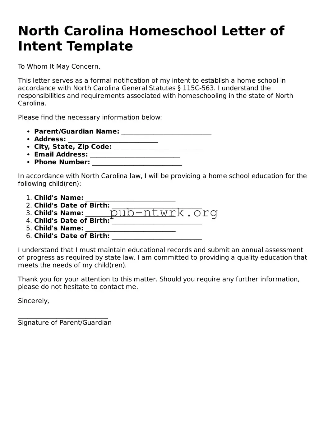 Free North Carolina Homeschool Letter of Intent Form