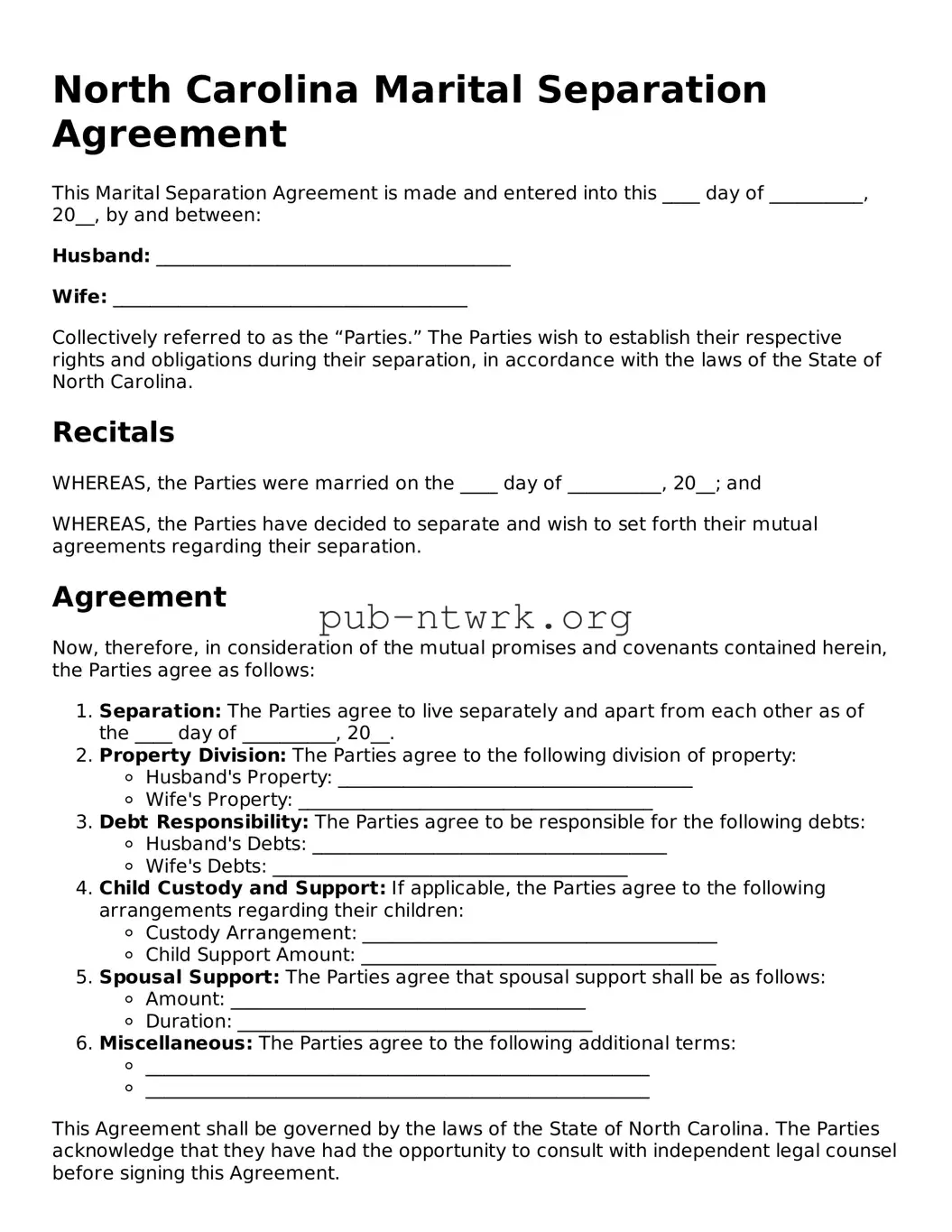 Free North Carolina Marital Separation Agreement Form