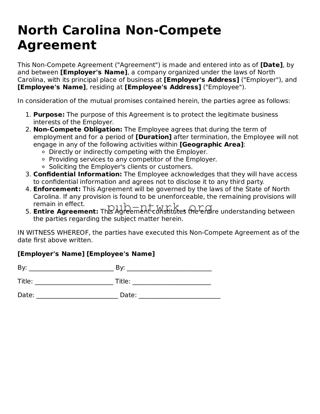 Free North Carolina Non-compete Agreement Form