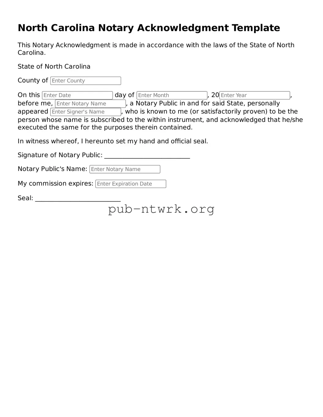Free North Carolina Notary Acknowledgement Form