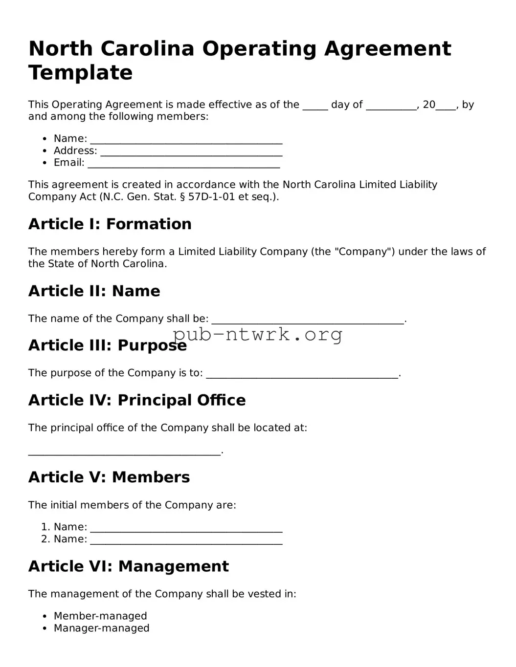 Free North Carolina Operating Agreement Form