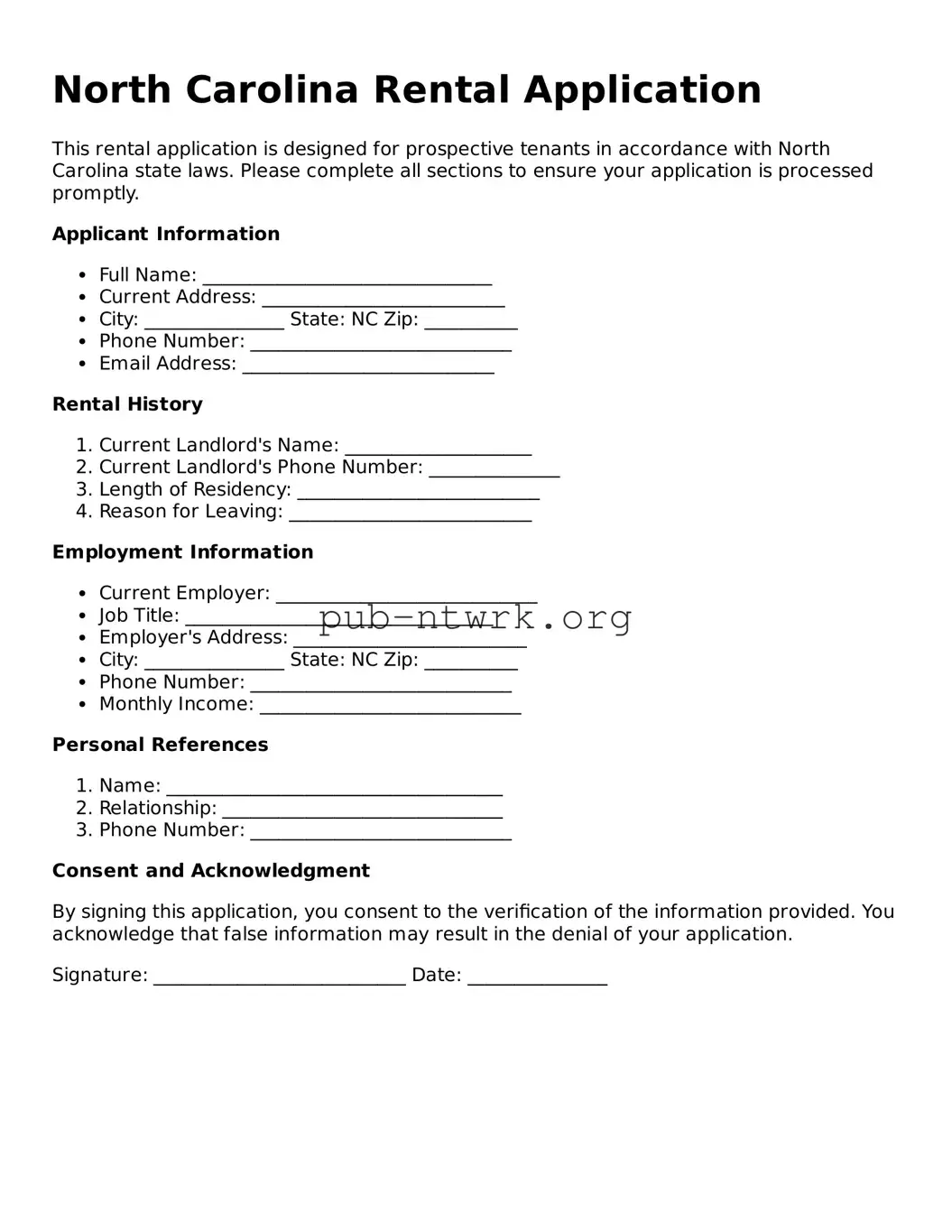 Free North Carolina Rental Application Form
