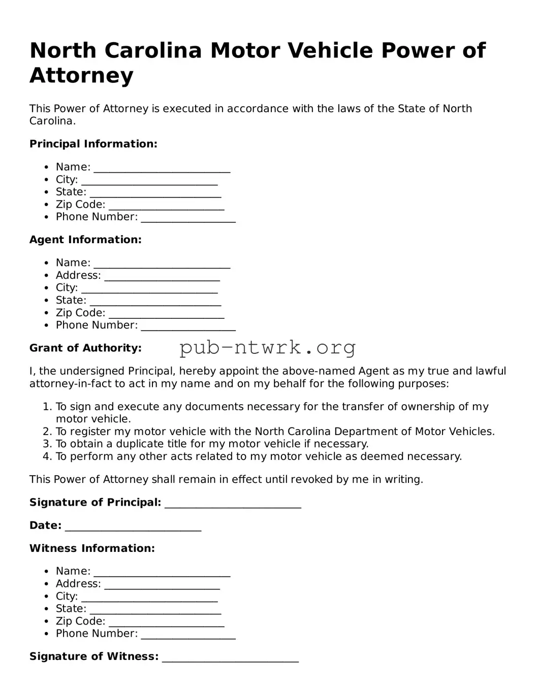 Free North Carolina Motor Vehicle Power of Attorney Form