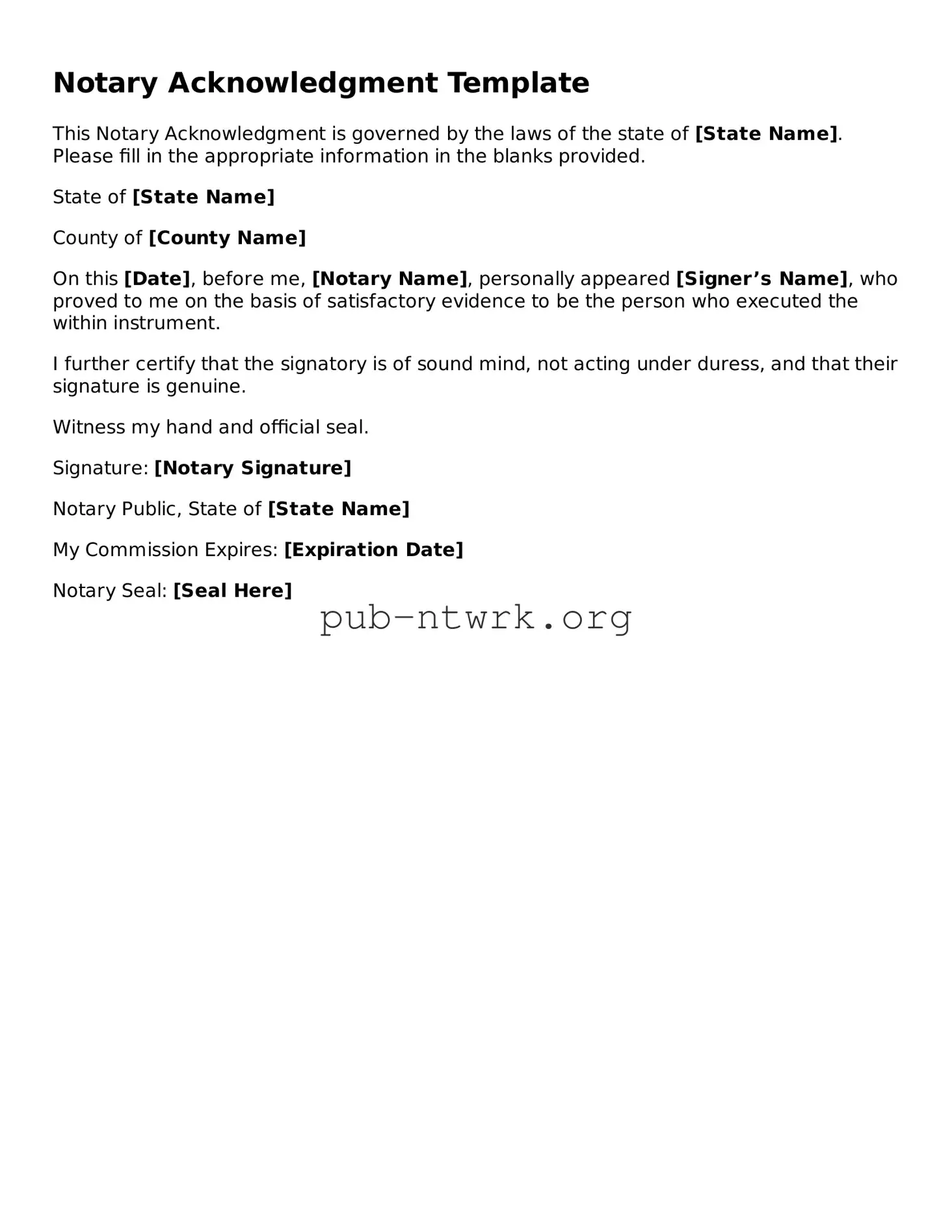 Legal Notary Acknowledgement Form