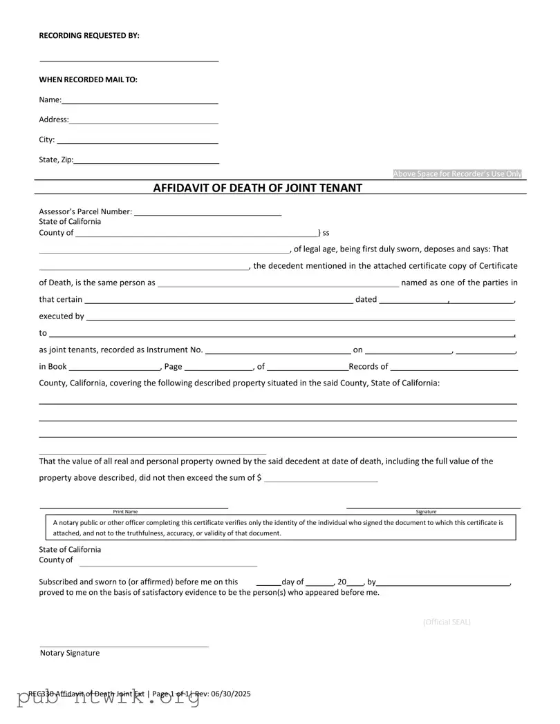 Blank California Death of a Joint Tenant Affidavit PDF Form