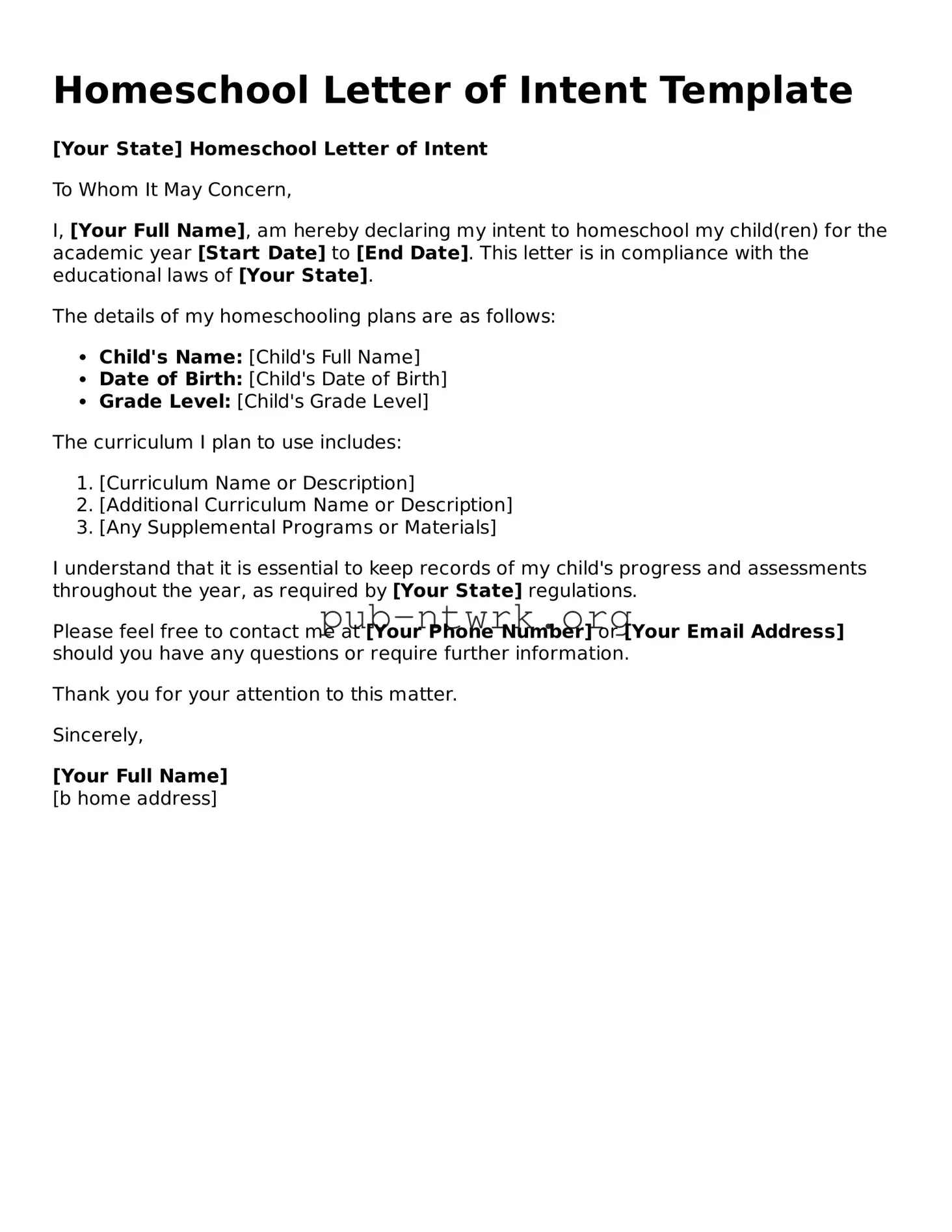 Legal Homeschool Letter of Intent Form