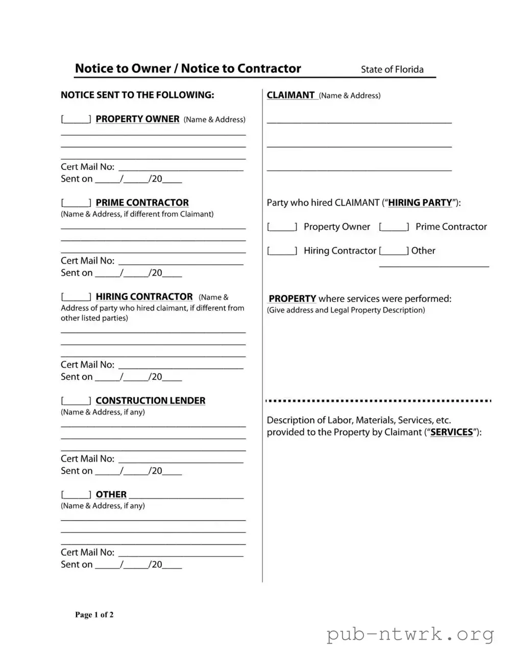Blank Notice Owner Florida PDF Form