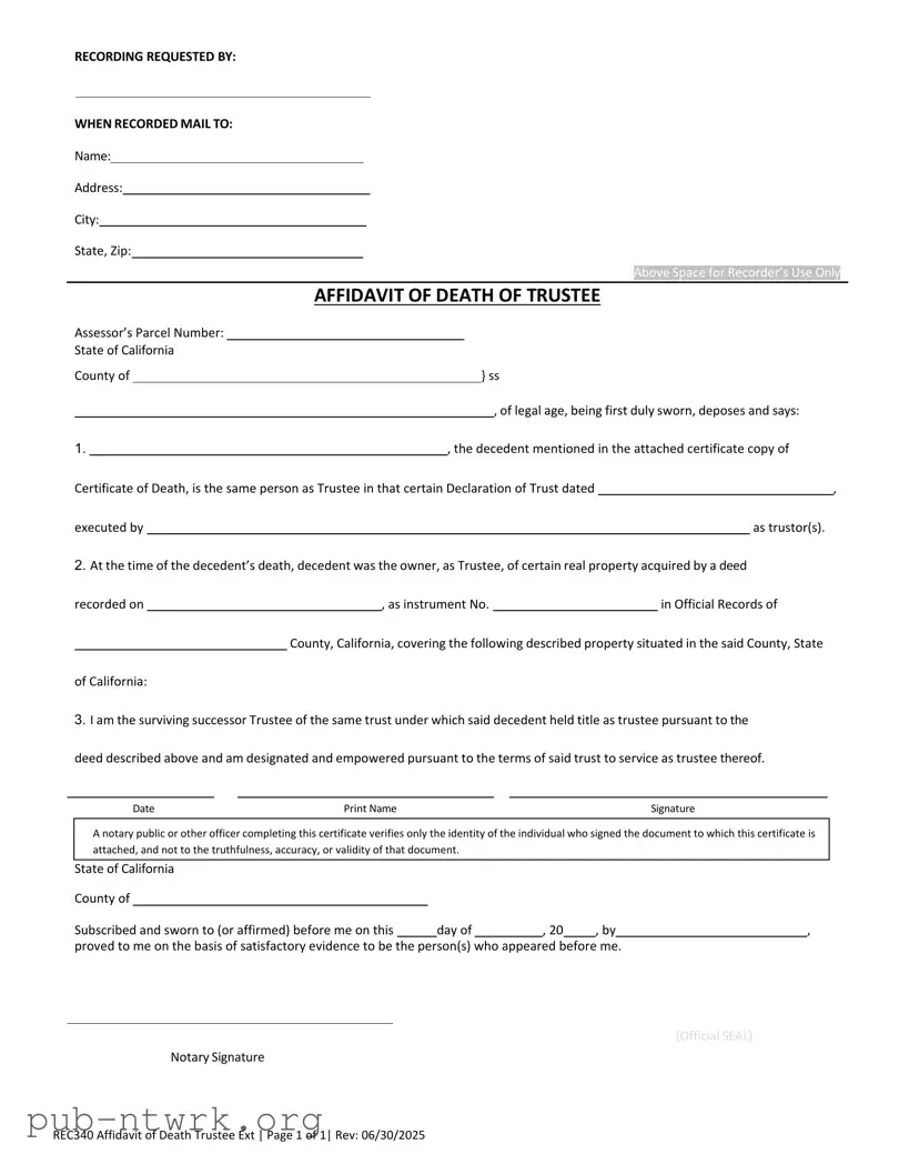 Blank California Affidavit of Death of a Trustee PDF Form