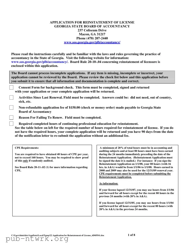 Blank Georgia Reinstatement Nursing PDF Form