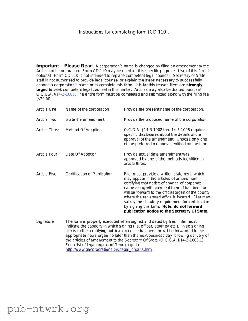 Blank Articles Of Amendment Georgia Cd 110 PDF Form