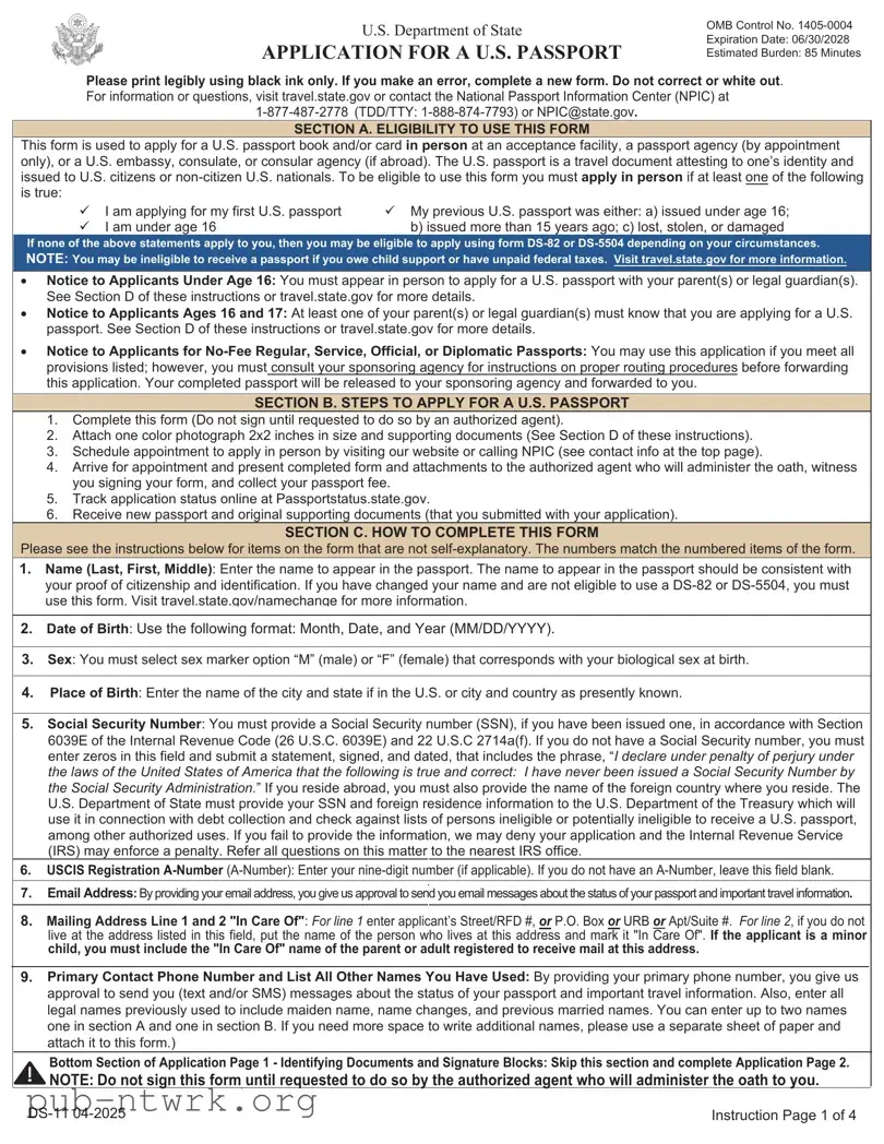 Blank DS-11 U.S. Passport application PDF Form
