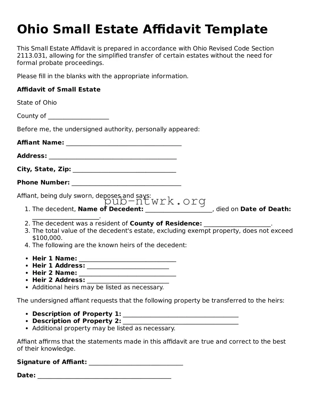 Free Ohio Small Estate Affidavit Form