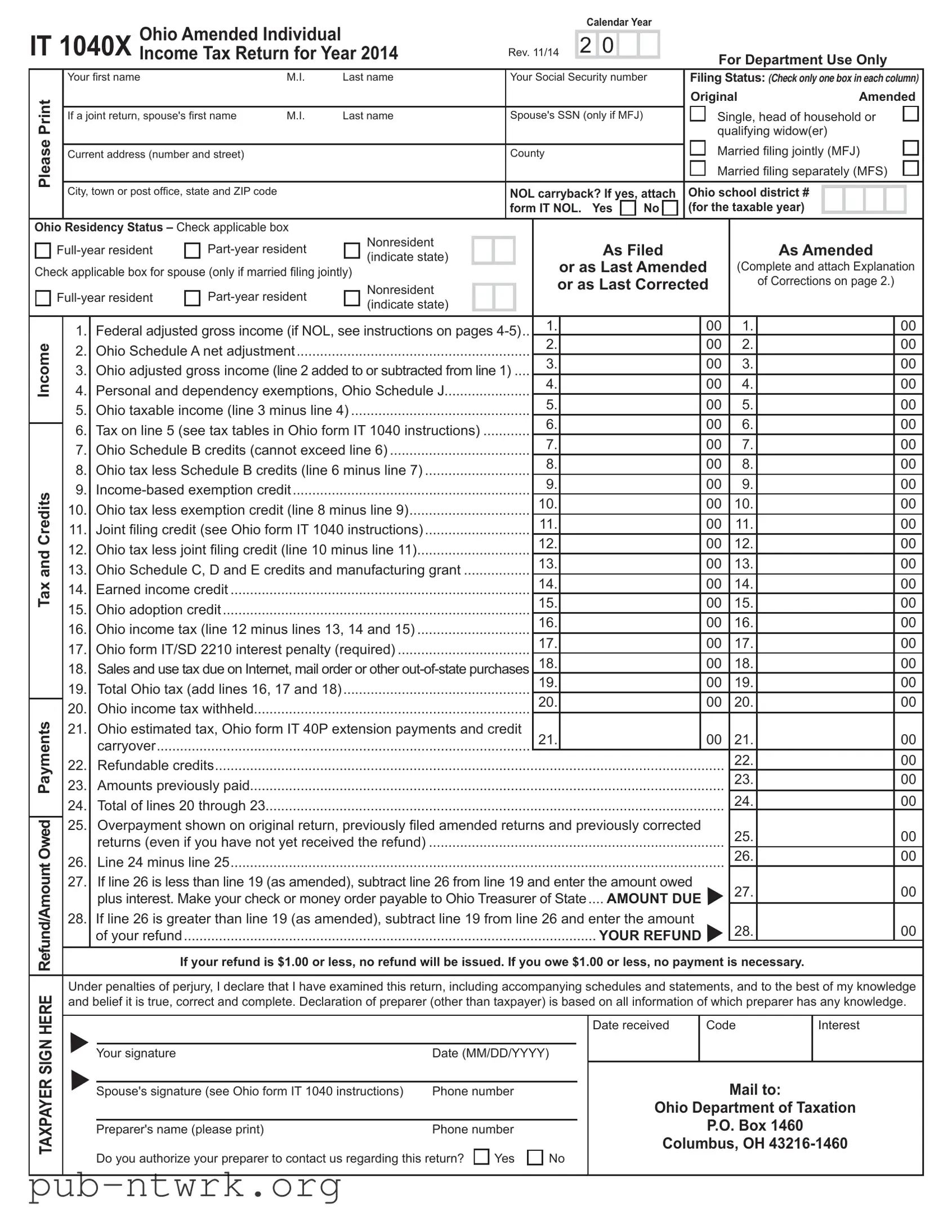 Blank It 1040X Ohio PDF Form