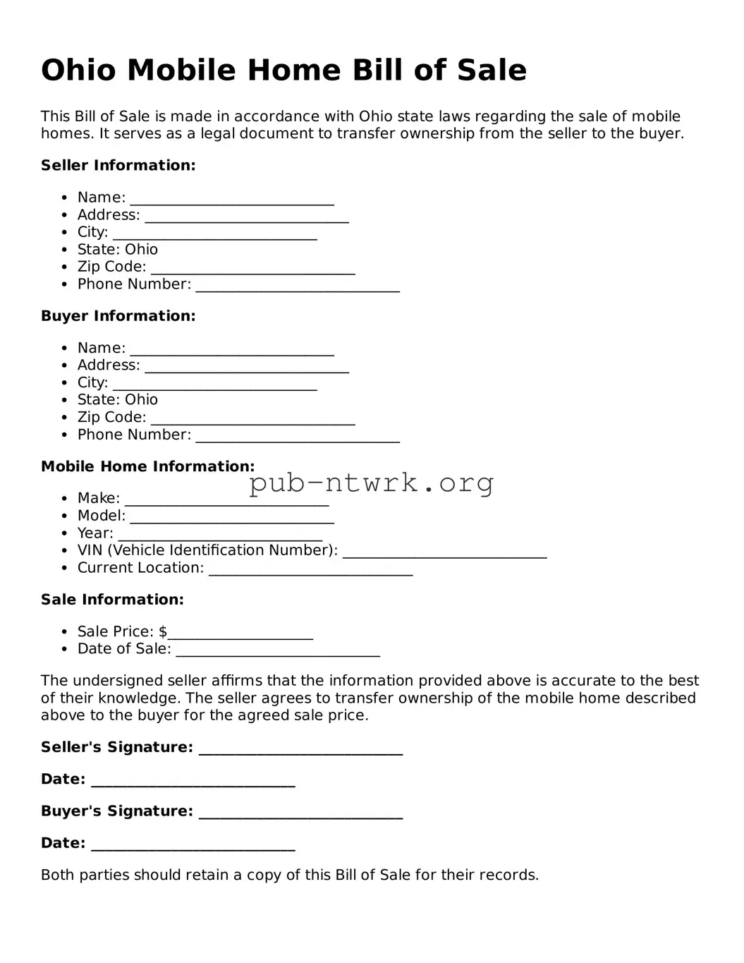 Free Ohio Mobile Home Bill of Sale Form