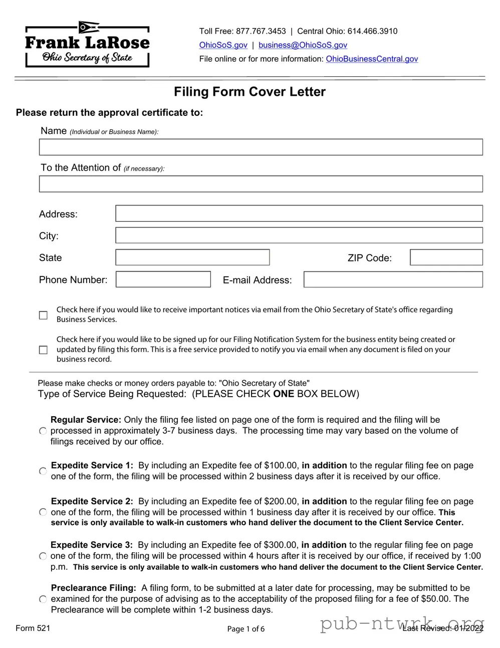 Blank Ohio Secretary State PDF Form