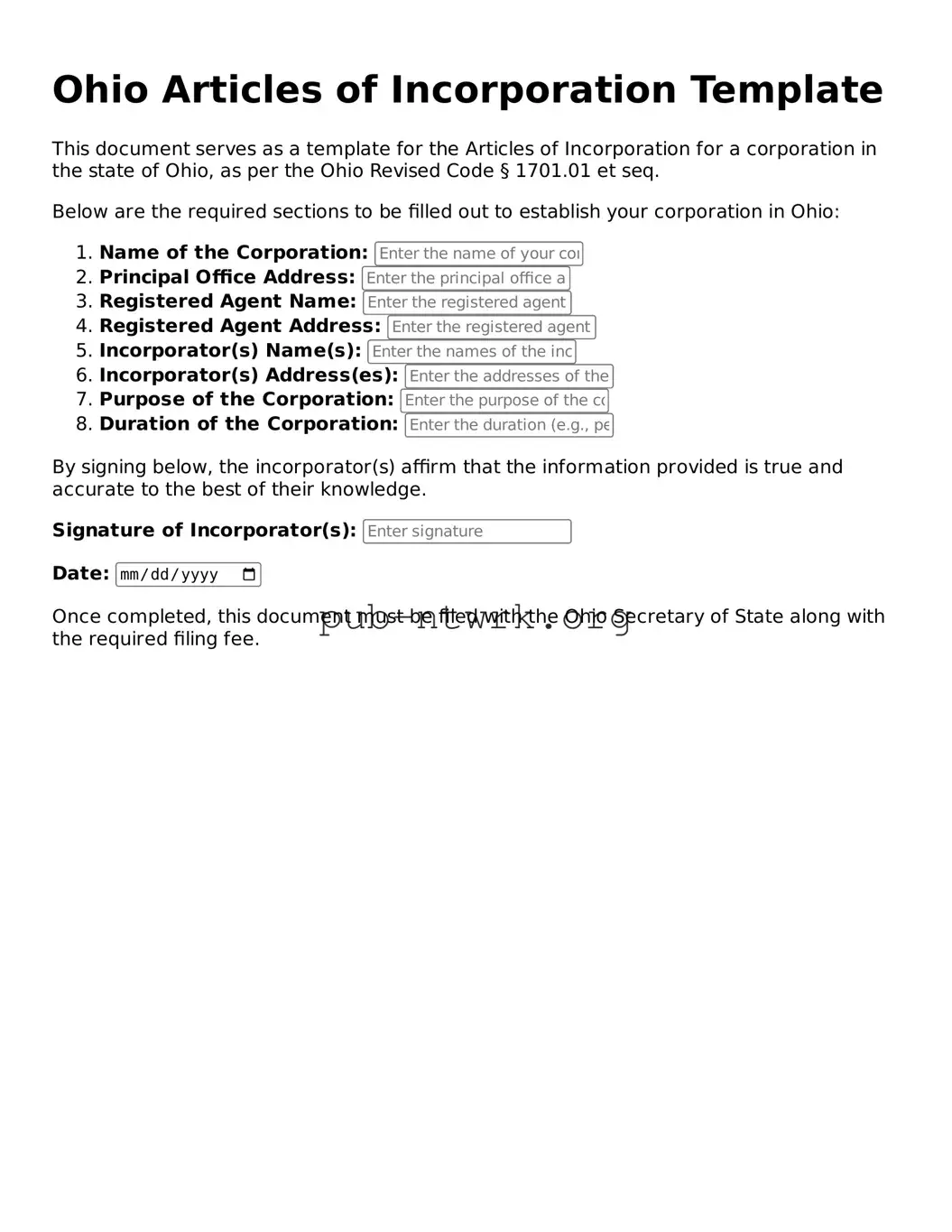 Free Ohio Articles of Incorporation Form