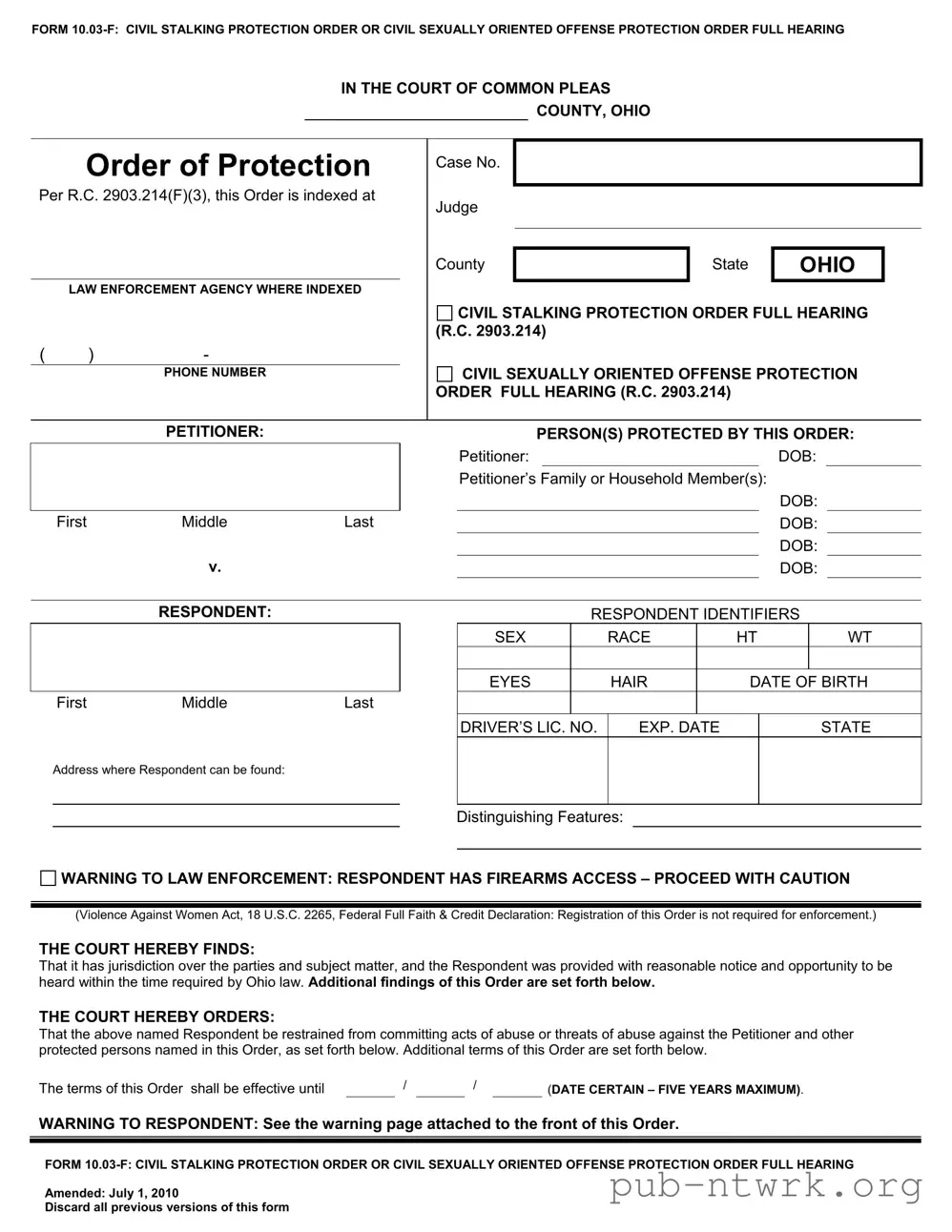Blank Ohio Order Of Protection PDF Form