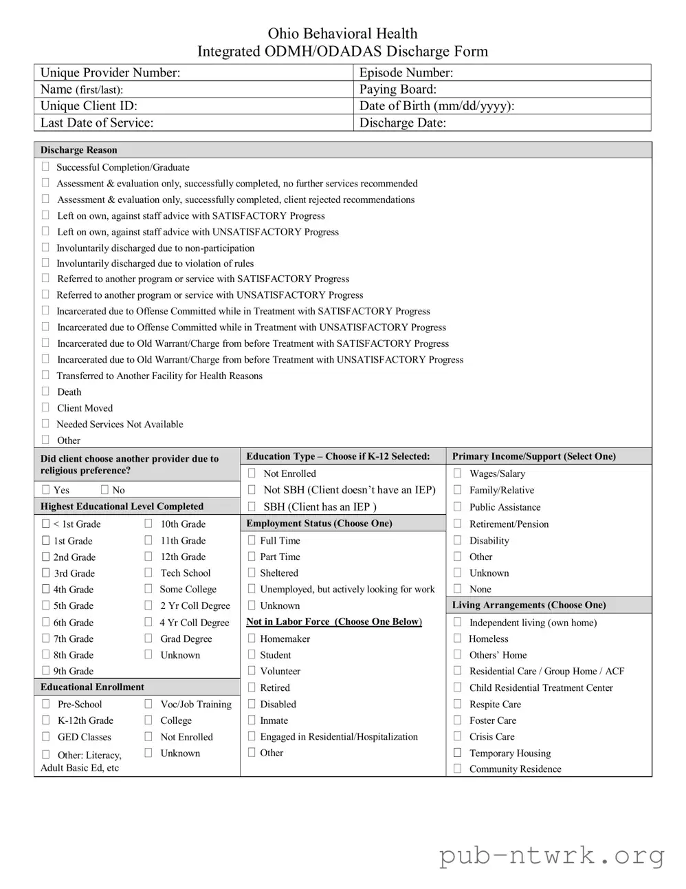 Blank Ohio Behavioral Discharge PDF Form