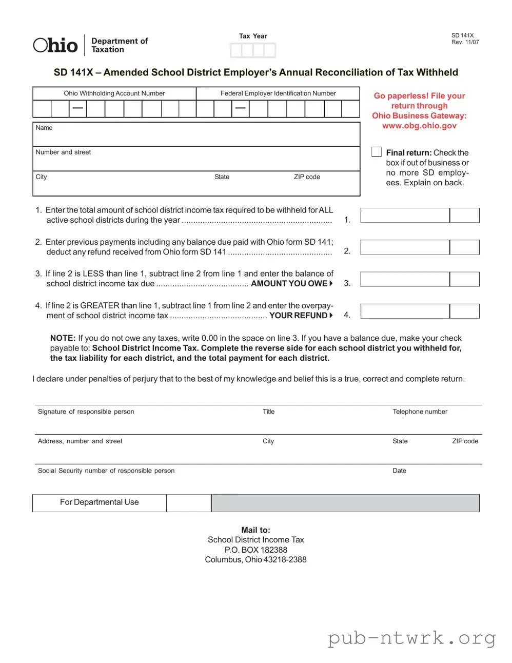 Blank Ohio Sd 141X PDF Form