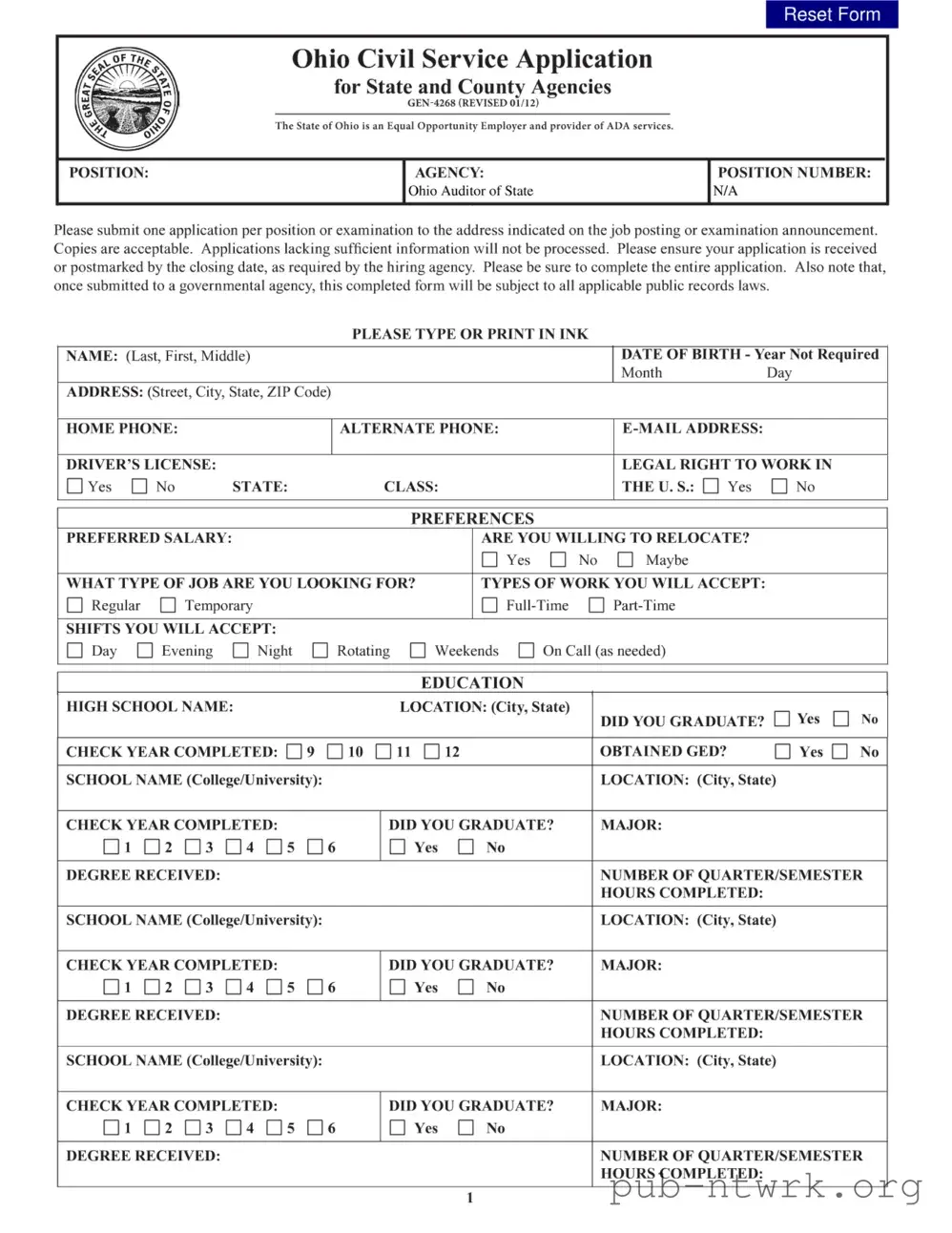 Blank Ohio Civil Service Application PDF Form