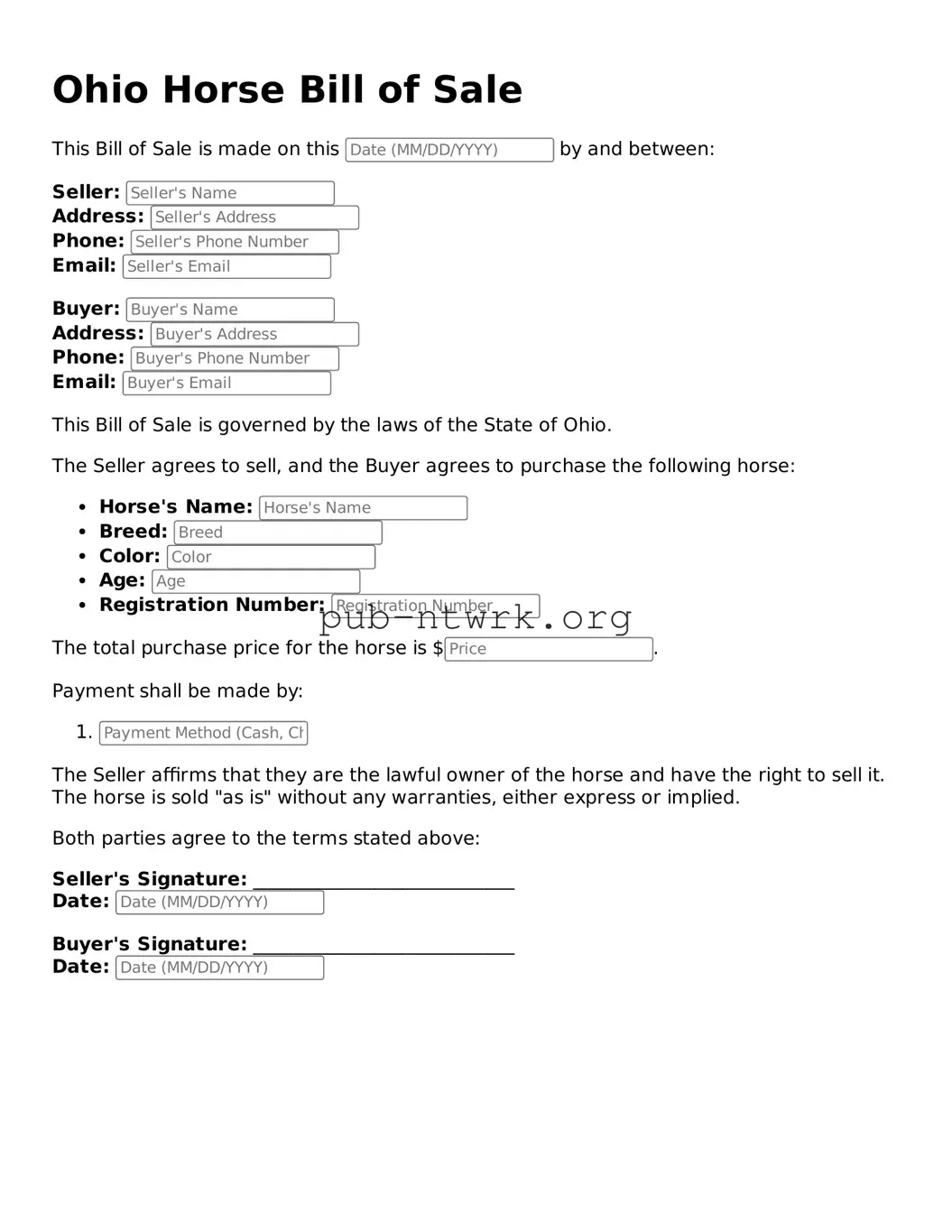 Free Ohio Horse Bill of Sale Form