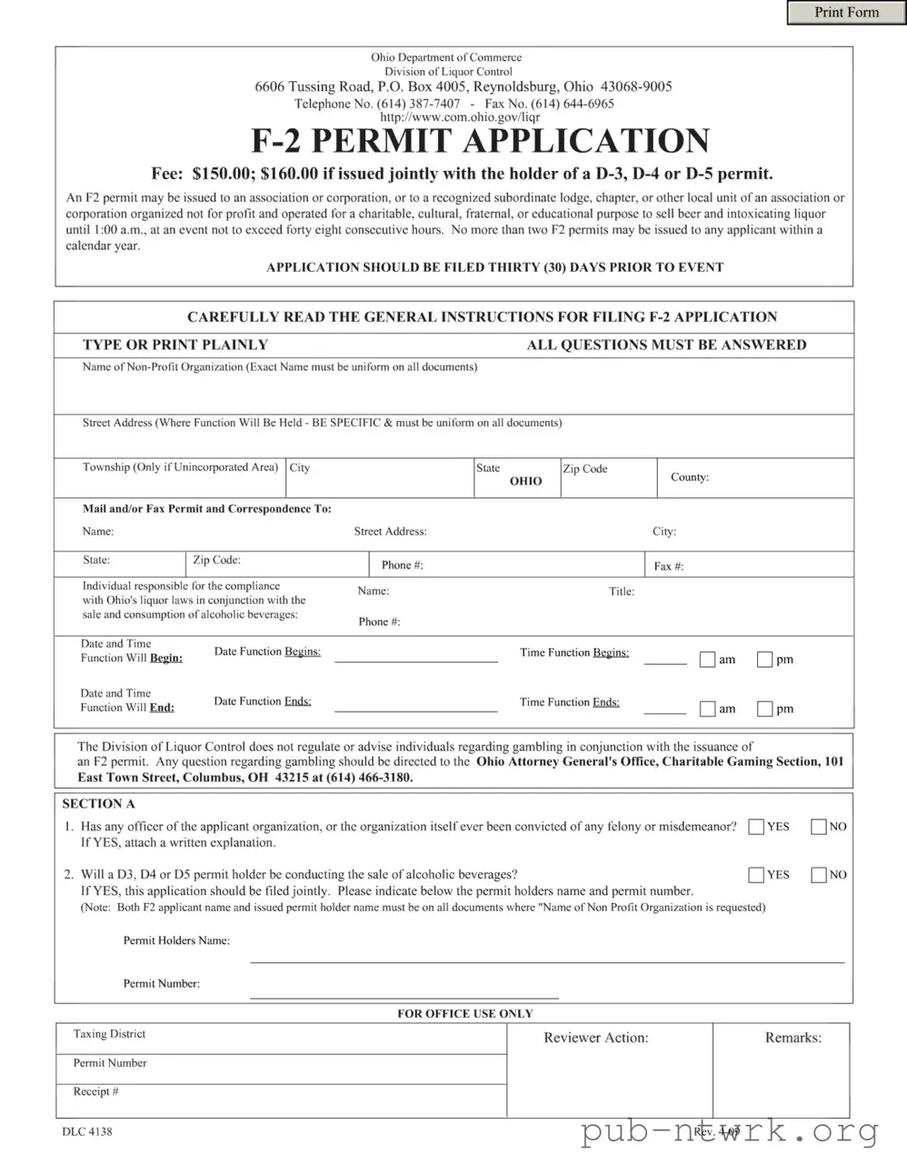 Blank Ohio F 2 Permit PDF Form