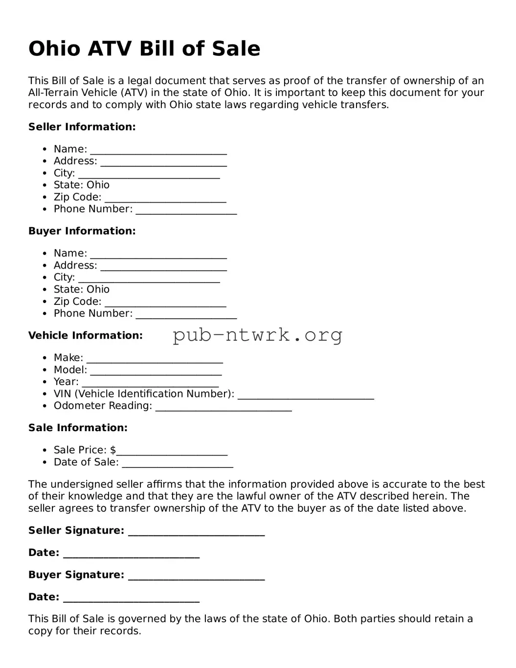 Free Ohio ATV Bill of Sale Form