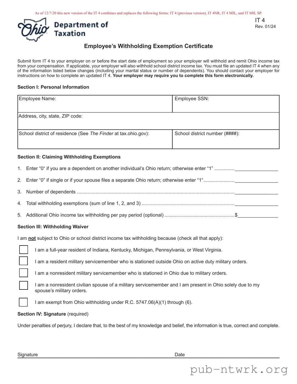 Blank Ohio It 4 PDF Form