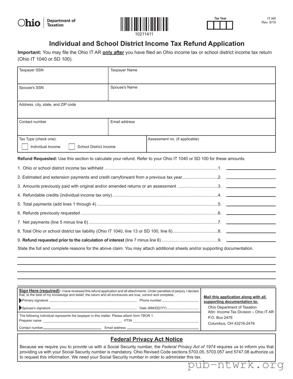 Blank Ohio It Ar PDF Form
