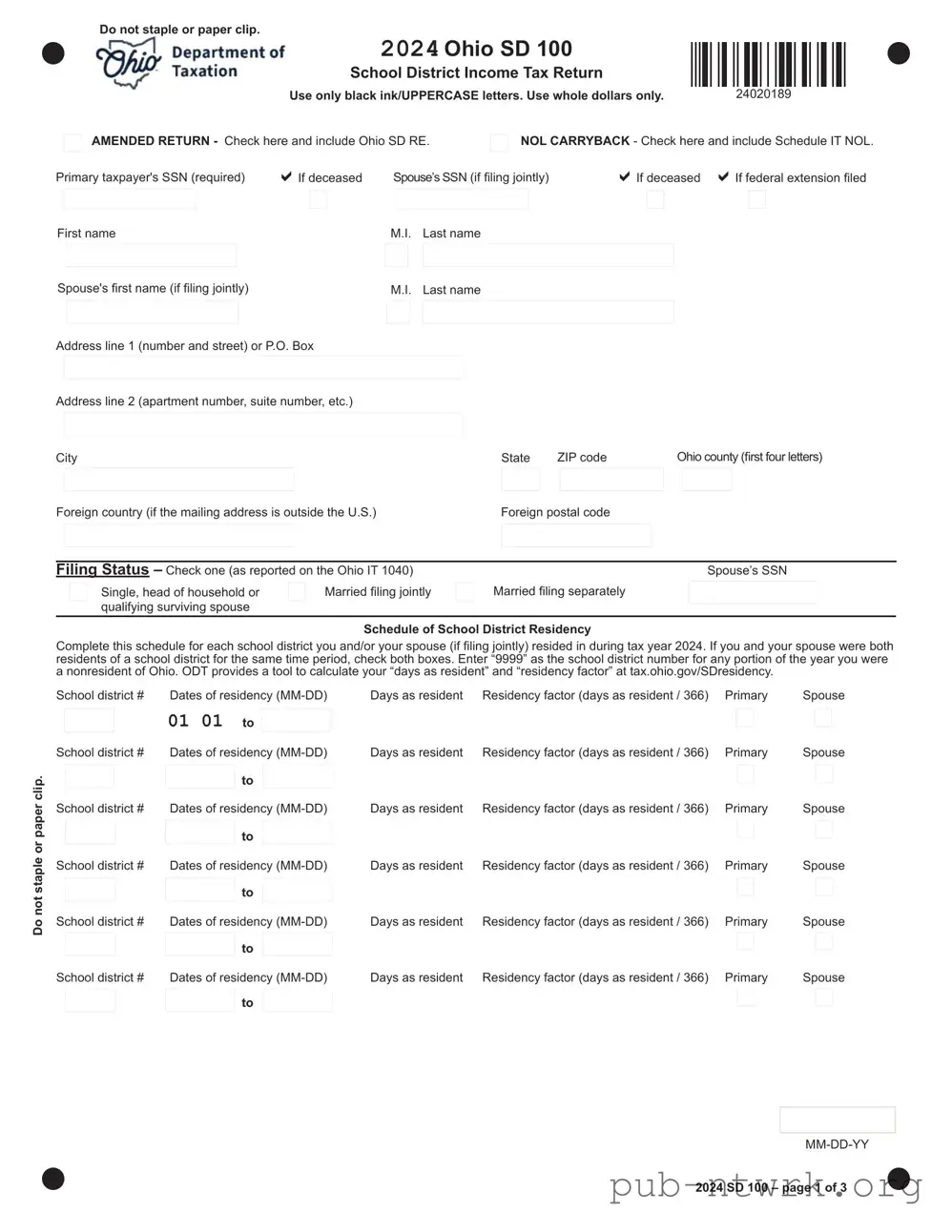 Blank Ohio Sd 100 PDF Form