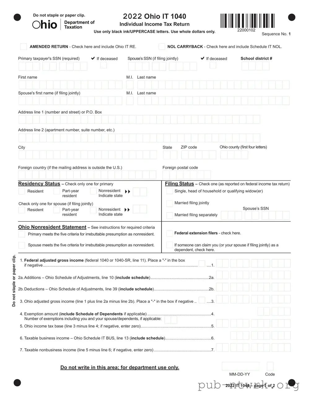 Blank Ohio It 1040Ez PDF Form