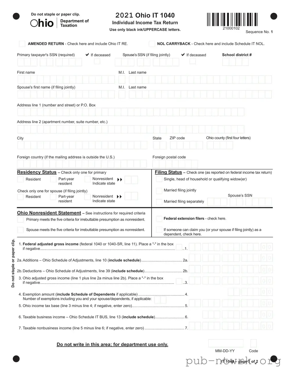 Blank Ohio It 1040 PDF Form