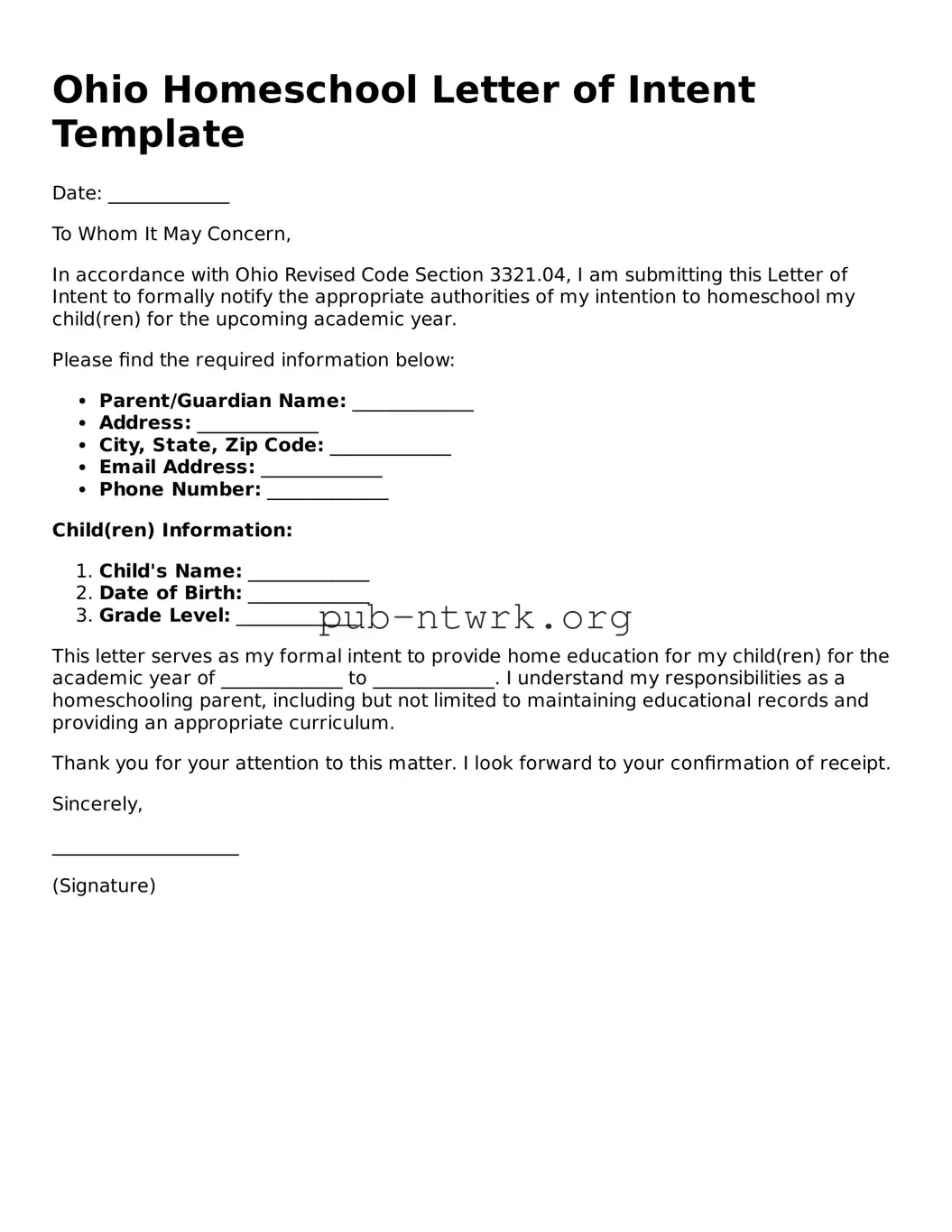 Free Ohio Homeschool Letter of Intent Form