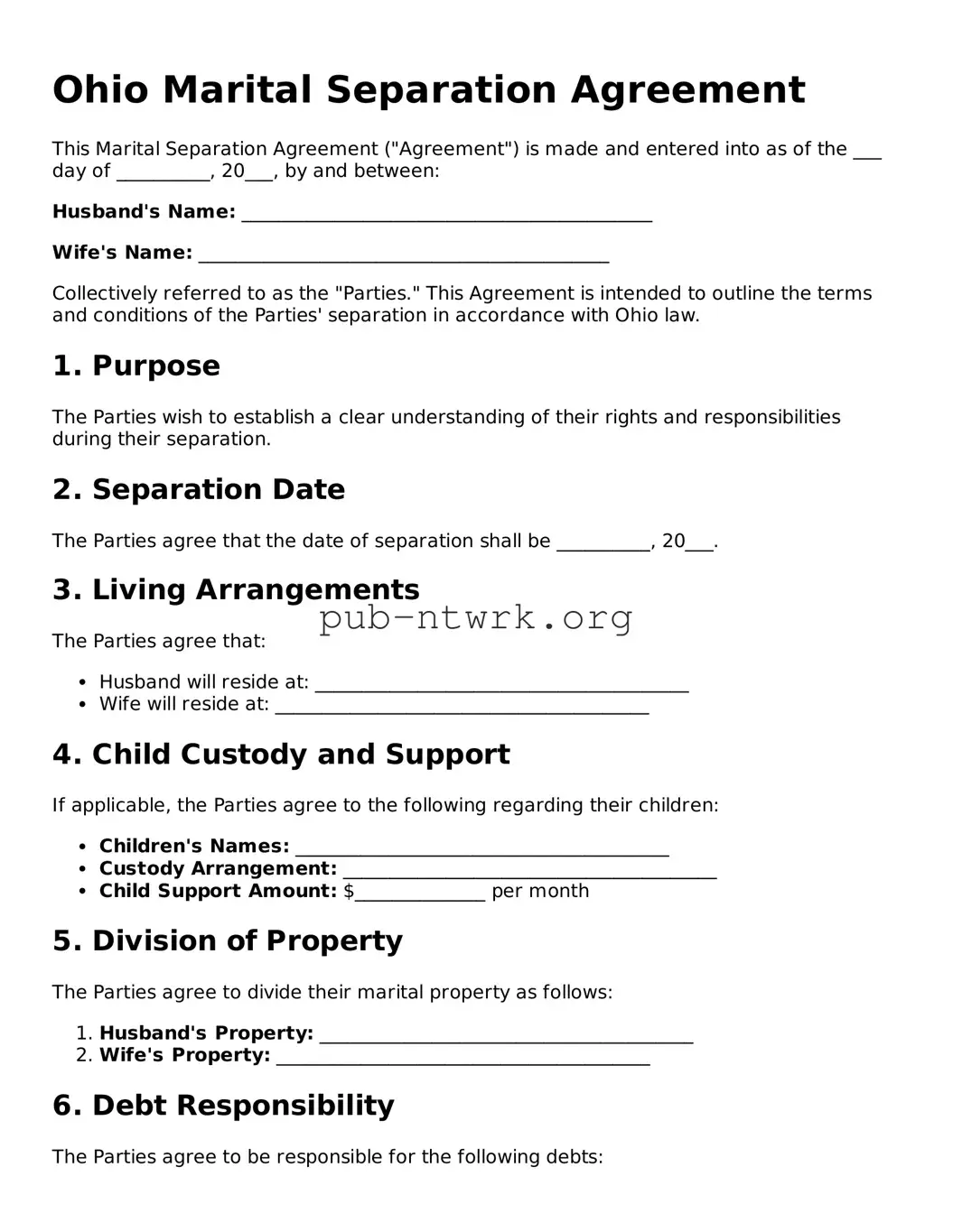 Free Ohio Marital Separation Agreement Form