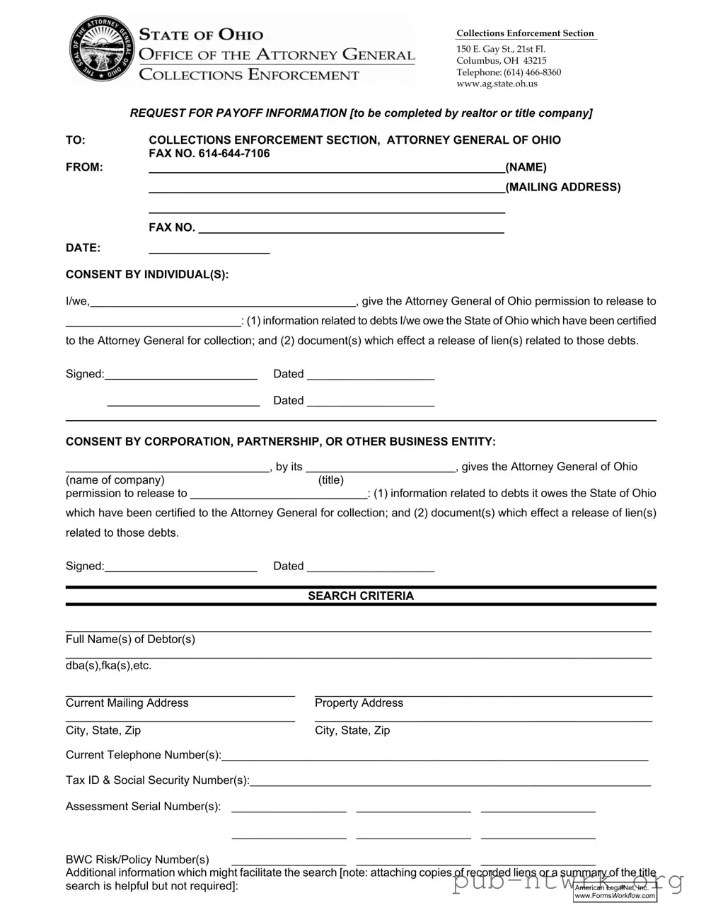 Blank Ohio Payoff PDF Form