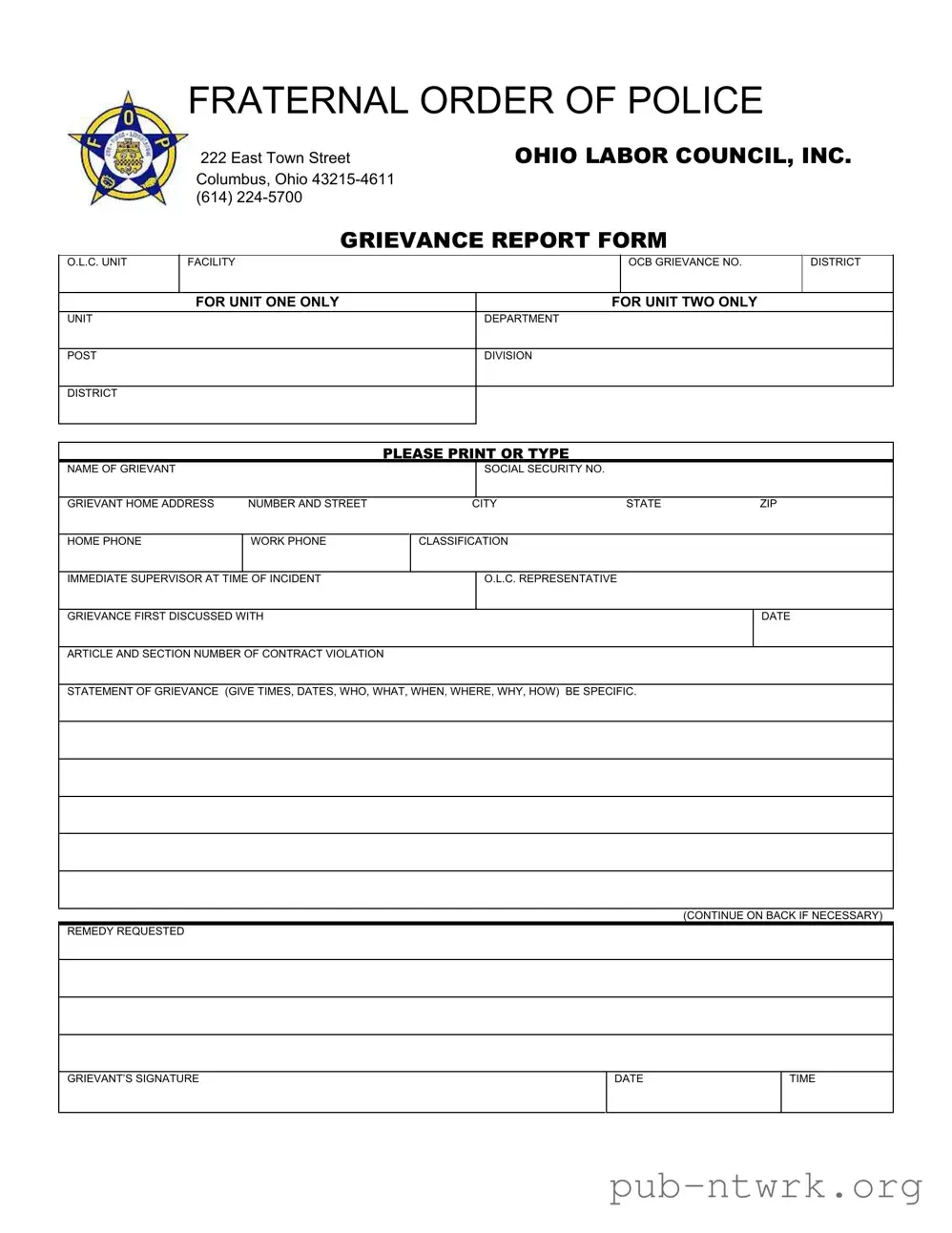 Blank Ohio Fraternal Order Of Police PDF Form