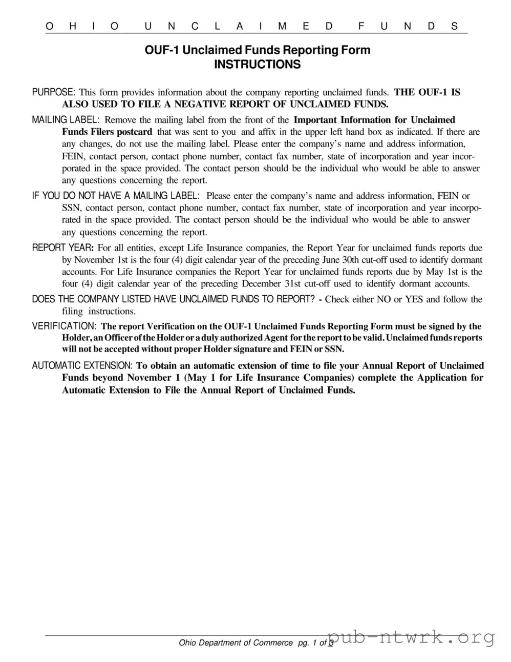 Blank Ohio Unclaimed PDF Form