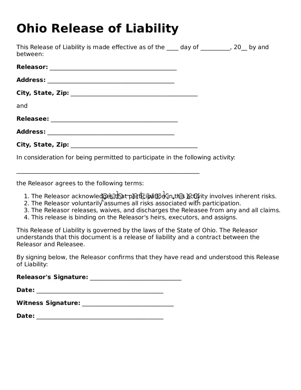 Free Ohio Release of Liability Form