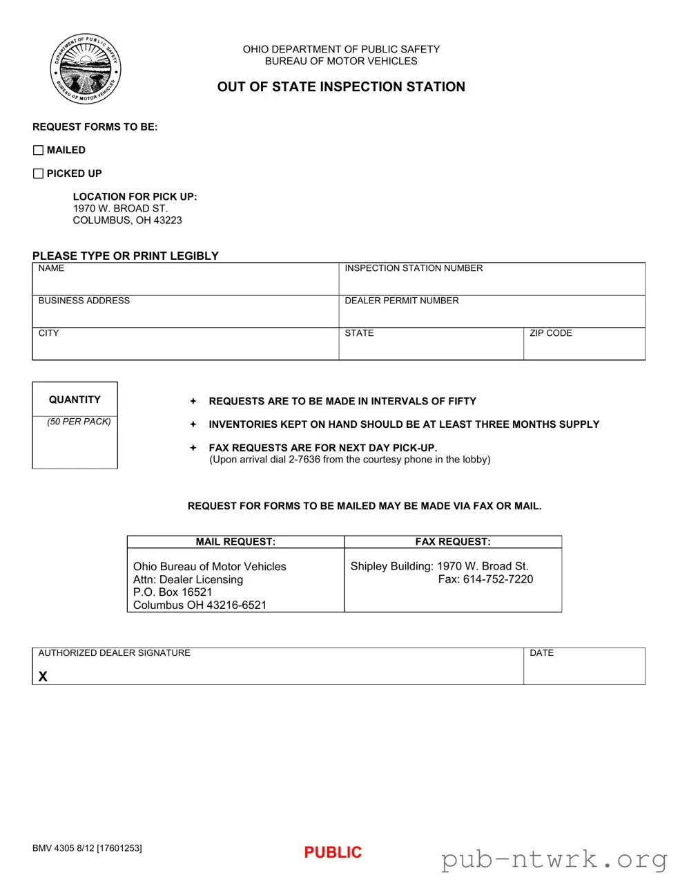 Blank Ohio Out State Inspection PDF Form